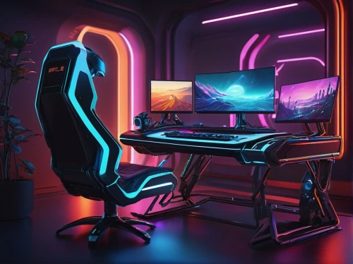 computer room,neon coffee,computer workstation,new concept arms chair,desk,3d render,spaceship interior,ufo interior,cybercafes,computable,cinema 4d,neon light,desks,working space,cyberscene,synth,neon,neon human resources,game room,80's design,Conceptual Art,Sci-Fi,Sci-Fi 11