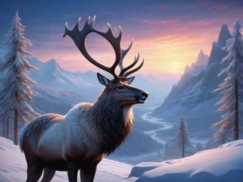 winter deer,elk,antlered,deer illustration,glowing antlers,blitzen,reindeer polar,rudolph,rudolf,reindeer from santa claus,red deer,whitetail,reindeer,european deer,winter background,christmas deer,christmas snowy background,santa claus with reindeer,caribou,barathea,Illustration,Realistic Fantasy,Realistic Fantasy 26