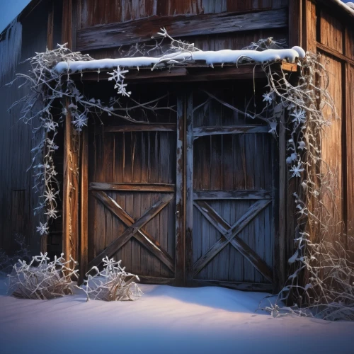 winter house,outbuilding,old barn,shed,garden shed,vinter,wooden door,old door,winter window,blue door,barn,snow shelter,snowed in,sheds,rustic,woodshed,wooden hut,snow house,cabane,horse stable,Conceptual Art,Oil color,Oil Color 09
