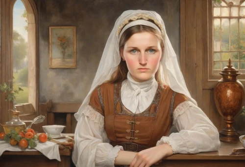 maidservant,chambermaid,woman holding pie,perugini,woman drinking coffee,timoshenko,clergywoman,nelisse,barmaid,young woman,girl at the computer,girl in the kitchen,woman with ice-cream,praying woman,female nurse,portrait of a girl,victorian lady,portrait of a woman,housemaid,scotswoman,Digital Art,Classicism