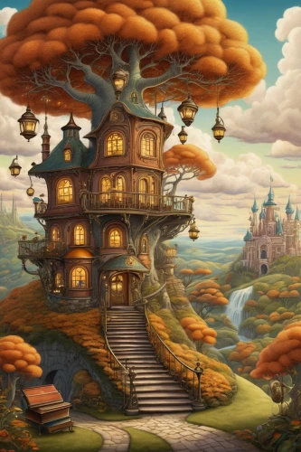 tree house,mushroom landscape,treehouse,treehouses,tree house hotel,mushroom island,fantasy landscape,witch's house,fantasy picture,cartoon video game background,fairy chimney,fairy tale castle,fantasy city,fantasy world,imaginationland,house in the forest,fairy house,crooked house,discworld,fantasy art,Illustration,Realistic Fantasy,Realistic Fantasy 31