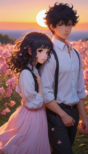 shinran,teika,holding flowers,blooming field,sarumi,falling flowers,dusk background,field of flowers,fallen petals,flower background,hydrangeas,petals,springtime background,blossoms,the cherry blossoms,shimei,mabuchi,young couple,sea of flowers,picking flowers,Conceptual Art,Daily,Daily 18