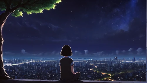 tanabata,starry sky,the night sky,boogiepop,night sky,clear night,night stars,fireflies,nightsky,evernight,city lights,skygazers,tsukihime,starlight,stargazing,hisaishi,falling stars,starbright,overlooking,dream world,Illustration,Japanese style,Japanese Style 05