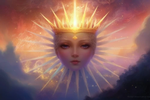 golden crown,fantasy portrait,sun god,sundancer,radiance,priestess,star mother,light bearer,the pillar of light,estess,mystical portrait of a girl,sun king,reigning,queen of the night,gold crown,inanna,celestial,galadriel,world digital painting,ashtar,Illustration,Realistic Fantasy,Realistic Fantasy 01