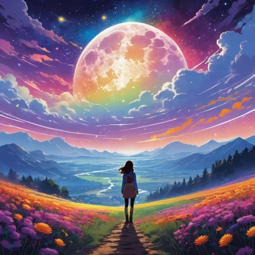 moon and star background,horizon,moonwalked,moon walk,dreamscape,dream world,beautiful wallpaper,the horizon,horizons,landscape background,cosmos,escapism,fantasy picture,lunar,purple landscape,world digital painting,dream art,valley of the moon,sky,colorful background,Illustration,Japanese style,Japanese Style 06