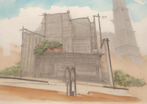 watercolor sketch,concrete plant,silos,industrial landscape,riftwar,midan,factory chimney,silo,tirith,battersea,chimneys,dust plant,watercolor background,grain storage,industrial ruin,refinery,unbuilt,shard,theed,chimney,Common,Common,None