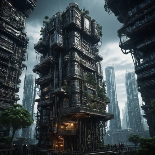 arcology,coldharbour,industrial ruin,undercity,cybercity,ancient city,refineria,imperialis,cybertown,destroyed city,metropolis,cardassia,arkham,cyberport,industrial landscape,primordia,ecotopia,apartment block,urban towers,platforming,Conceptual Art,Sci-Fi,Sci-Fi 09
