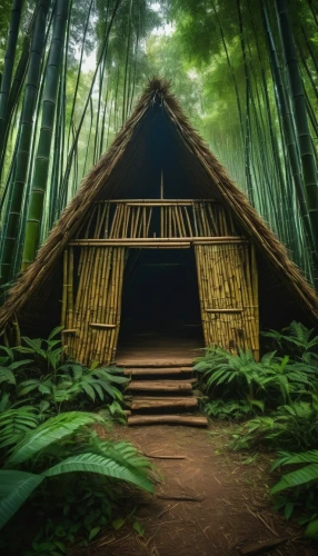 longhouse,bamboo forest,hawaii bamboo,korowai,house in the forest,japanese-style room,longhouses,bamboo,bamboo frame,japanese shrine,greenhut,matityahu,polynesian,keeaumoku,endor,dojo,forest house,wampanoag,ikaika,straw hut,Photography,General,Fantasy