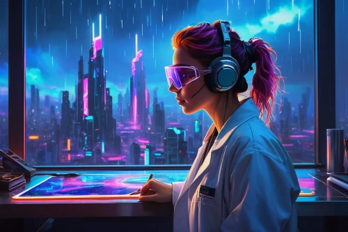 cyberpunk,synth,girl at the computer,cyberpunks,electropop,music background,cyberia,junipero,listening to music,sci fiction illustration,transistor,musical background,mainframes,girl studying,technophobia,synthpop,cyberscene,computerologist,synthesist,audiogalaxy,Illustration,American Style,American Style 11
