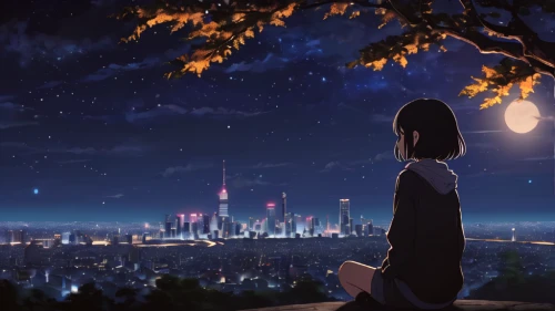 tanabata,city lights,utada,clear night,evening atmosphere,starry sky,hosoda,night scene,falling stars,night stars,dusk background,night sky,fireflies,evening city,dream world,citylights,kizu,atmosphere,starlight,nightsky,Illustration,Japanese style,Japanese Style 05