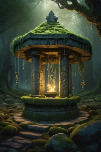 japanese shrine,wishing well,shrine,druid stone,japanese lantern,cartoon video game background,illuminated lantern,shrines,mushroom landscape,matityahu,druidism,background design,fairy house,lotus stone,stone background,dojo,sanctum,oriental lantern,japanese zen garden,druidic,Art,Artistic Painting,Artistic Painting 08