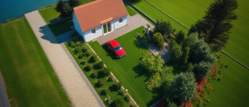 tilt shift,house with lake,villa,dji spark,house by the water,bird's-eye view,drone shot,swiss house,private estate,golf lawn,drone view,red roof,bird's eye view,mavic 2,drone image,green lawn,aerial shot,private house,holiday villa,artificial grass,Photography,General,Realistic