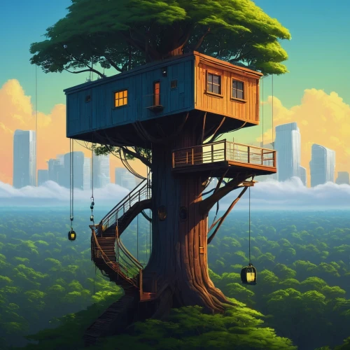 tree house,treehouse,treehouses,tree house hotel,sky apartment,tree top,forest house,house in the forest,tree tops,hanging houses,little house,bird kingdom,bird house,treetop,house silhouette,island suspended,wooden house,small house,world digital painting,bird tower,Conceptual Art,Sci-Fi,Sci-Fi 12