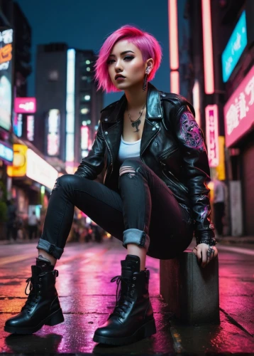 punk,cyberpunk,grunge,leather jacket,cyberpunks,punkish,vi,pink hair,harajuku,street shot,shibuya,pleather,tokyo,noir,xiaoli,klayton,neon lights,neon light,cyberdog,neon,Illustration,Vector,Vector 08