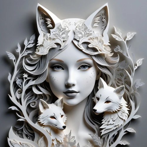 paper art,white cat,kitsune,sculpts,familiars,white lady,fantasy art,white fox,3d fantasy,rhinemaidens,maenads,porcelain,white wolves,porcelaine,fractals art,porcelain dolls,adere,faerie,decorative art,faery,Unique,Paper Cuts,Paper Cuts 04