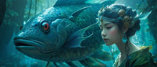 forest fish,water nymph,fantasy picture,ikan,fairy peacock,fantasy art,qilin,fantasy portrait,3d fantasy,yuanpei,amano,underwater fish,imaginasian,beautiful fish,oriental princess,sirena,girl with a dolphin,underwater background,two fish,teal blue asia,Conceptual Art,Oil color,Oil Color 11