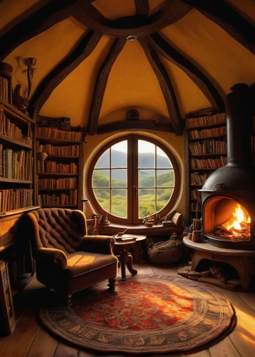 inglenook,hobbiton,reading room,great room,cosier,fireplace,coziness,coziest,cozier,warm and cozy,cosy,fire place,attic,nook,livingroom,fireplaces,study room,log fire,bookshelves,vaulted ceiling,Conceptual Art,Graffiti Art,Graffiti Art 05