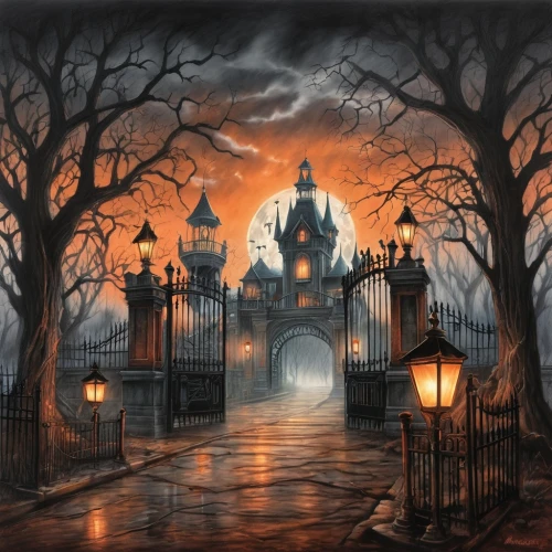 haunted castle,haunted cathedral,ghost castle,fairy tale castle,iron gate,castle of the corvin,halloween background,fantasyland,city gate,halloween scene,horrorland,the haunted house,ravenloft,portal,fantasy picture,haunted house,netherworld,front gate,blackgate,gaslight,Conceptual Art,Daily,Daily 17