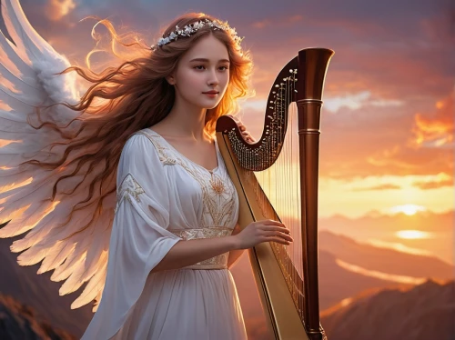 angel playing the harp,harp player,celtic harp,harpist,angelicus,harp,ancient harp,harp with flowers,music fantasy,harp strings,harp of falcon eastern,angel girl,angel,anjo,fantasy picture,lyre,angel's trumpets,sarasate,angel wings,angel wing,Art,Classical Oil Painting,Classical Oil Painting 27