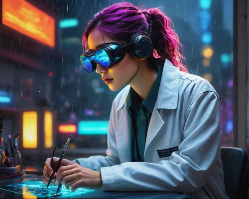 cyberpunk,sci fiction illustration,biologist,female doctor,cyber glasses,scientist,junipero,technologist,shadowrun,researcher,cyberpunks,girl at the computer,elektra,astrobiologist,bioengineer,girl studying,neon human resources,toxicologist,neurobiologist,moira,Illustration,Abstract Fantasy,Abstract Fantasy 17