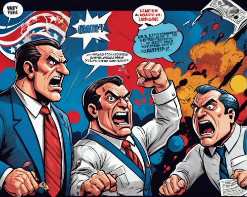 whaam,objection,americanization,wertham,supermajority,speechwriters,superlawyer,evildoers,confrontations,englehart,infighting,marvel comics,debates,excelsiors,colescott,comic speech bubbles,powerbroker,filibusters,superfight,americanists,Conceptual Art,Fantasy,Fantasy 26