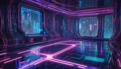 spaceship interior,ufo interior,cyberscene,tron,cyberia,synth,scifi,3d render,matrix,cyberview,vapor,labyrinthian,futuristic landscape,futuristic,spaces,cyberspace,sulaco,maze,labyrinths,mainframes,Illustration,Retro,Retro 08