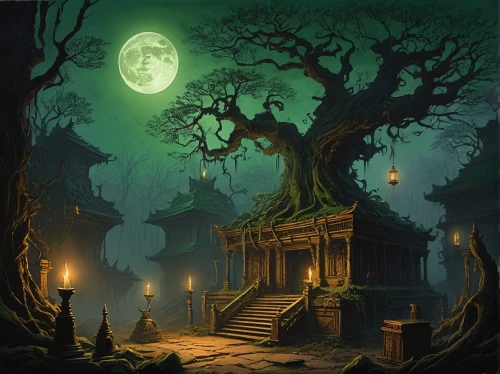 halloween background,witch's house,halloween scene,halloween illustration,witch house,haunted forest,halloween wallpaper,halloween poster,samhain,blackmoor,halloween and horror,fantasy picture,hallows,the haunted house,devilwood,halloween border,treehouse,halloween bare trees,tree house,haunted house,Illustration,Realistic Fantasy,Realistic Fantasy 06