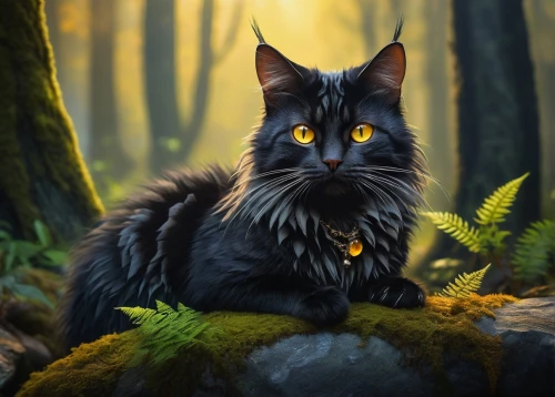 ravenpaw,thunderclan,shadowclan,brambleclaw,maincoon,tigerstar,riverclan,fireheart,fantasy animal,melanistic,black shepherd,leafstar,graystripe,starclan,yellow eyes,pyewacket,black cat,melanism,nederpelt,inkheart,Illustration,Realistic Fantasy,Realistic Fantasy 35