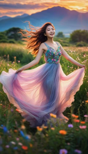 little girl in wind,fantasy picture,celtic woman,gracefulness,girl in a long dress,girl in flowers,blooming field,eurythmy,springtime background,spring background,world digital painting,walking in a spring,beautiful girl with flowers,faerie,flower fairy,rosa 'the fairy,flower background,little girl running,faery,field of flowers,Photography,General,Natural