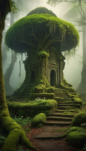 mushroom landscape,moss landscape,tree house,mushroom island,house in the forest,fantasy landscape,elven forest,treehouse,fairy forest,fairy house,celtic tree,treehouses,forest house,fantasy picture,green forest,fairytale forest,witch's house,mirkwood,patrol,ancient house,Conceptual Art,Oil color,Oil Color 19