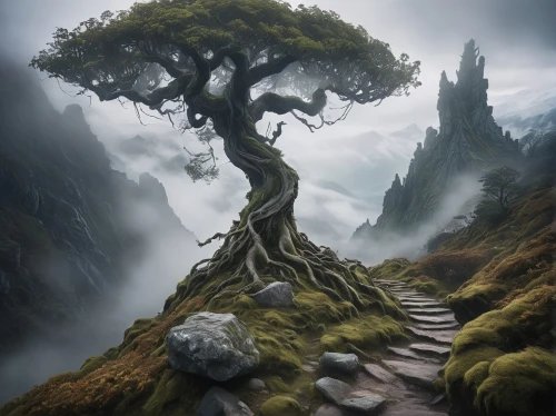 celtic tree,isolated tree,fantasy landscape,mirkwood,tree of life,druidic,the mystical path,fantasy picture,tree top path,magic tree,druidism,elven forest,elfland,moss landscape,dragon tree,lonetree,winding steps,lone tree,arboreal,arbre,Illustration,Black and White,Black and White 20