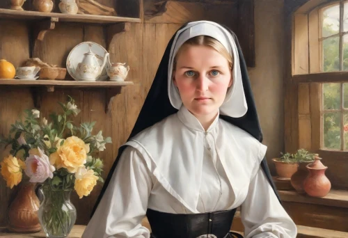 maidservant,schoolmarm,clergywoman,timoshenko,postulant,perugini,chambermaid,mennonite,nunsense,nun,nelisse,woman holding pie,housemother,female nurse,sendler,carmelite order,housemaid,mennonites,portrait of christi,foundress,Digital Art,Impressionism