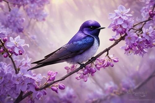 blue birds and blossom,spring bird,beautiful bird,purple martin,bird flower,the hummingbird hawk-purple,blue bird,bird painting,purple lilac,flower and bird illustration,nature bird,lilac tree,colorful birds,bird on branch,meadow bird,violet colour,songbirds,bluejay,purple background,songcatcher,Conceptual Art,Oil color,Oil Color 24