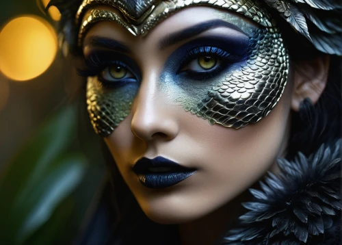 cleopatra,ancient egyptian girl,blue enchantress,masquerade,fantasy portrait,masquerading,queen of the night,venetian mask,dark blue and gold,headdress,fantasy woman,wadjet,fantasy art,nephthys,enchantress,golden mask,peacock eye,the enchantress,golden eyes,priestess,Illustration,Black and White,Black and White 24