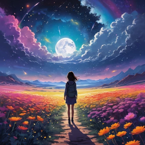 dream world,dreamscape,moon and star background,sky,moonwalked,universe,cosmos,world digital painting,sky rose,dream art,beautiful wallpaper,la violetta,night sky,escapism,cielo,dreamscapes,lunar,the night sky,dreamland,moon walk,Illustration,Japanese style,Japanese Style 06