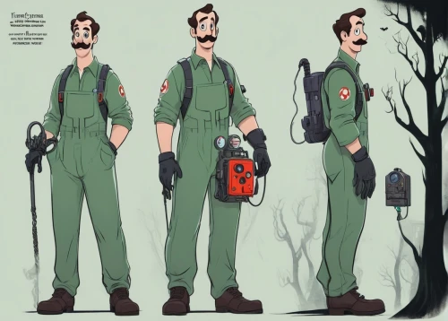 coveralls,coverall,ghostbuster,parrish,egon,venkman,medic,scoutmaster,corpsmen,volunteer firefighter,fire fighter,engineman,zookeeper,halloween vector character,steamboy,groundskeeper,military uniform,concept art,stihl,a uniform,Unique,Design,Character Design
