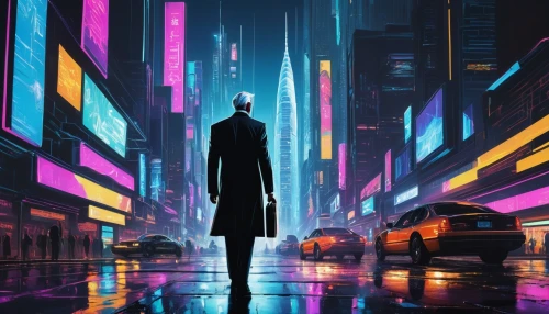 cyberpunk,bladerunner,cybercity,pedestrian,synthetic,futuristic,metropolis,cityscape,dystopian,neuromancer,neo,noir,polara,walking man,replicants,world digital painting,cybertown,man silhouette,cyberworld,protagonist,Illustration,Black and White,Black and White 29