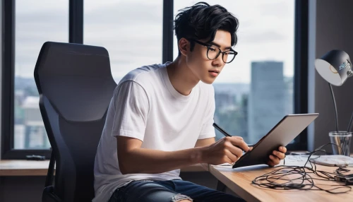man with a computer,hirotaka,whitepaper,blur office background,samcheok times editor,inntrepreneur,mingjie,aui,diligent,bengi,kaewkamnerd,study room,male poses for drawing,computerologist,junjie,worksites,learn to write,authoring,girl studying,reading glasses,Illustration,Japanese style,Japanese Style 15