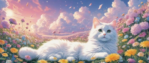 white cat,samoyedic,colotti,flower cat,unicorn background,spring unicorn,starclan,blossom kitten,white fox,springtime background,snowbell,moomin,samoyed,flower background,sea of flowers,spring background,moomins,angora,flower animal,blooming field,Illustration,American Style,American Style 06