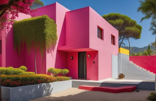 mahdavi,cubic house,depero,casita,cube house,pink squares,dunes house,casa,casitas,mid century house,dreamhouse,bright pink,sottsass,magenta,colori,defend,colorful facade,defence,geometric style,pink grass,Photography,General,Realistic