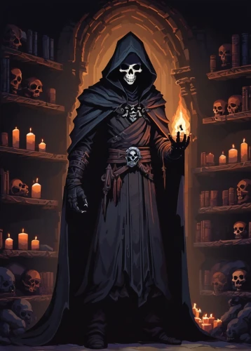 necromancer,grim reaper,grimm reaper,cultist,undead warlock,shopkeeper,reaper,apothecary,lich,vanitas,vecna,corvo,occultist,skulduggery,lechuck,grimjack,innkeeper,death god,skelemani,prospal,Unique,Pixel,Pixel 01