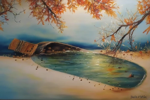 boat landscape,sunken boat,autumn landscape,canoe,canoes,river landscape,coracle,row boat,dug out canoe,art painting,oil painting on canvas,wooden boat,kayak,autumn background,fall landscape,autumn idyll,sea landscape,canoeist,landscape background,water boat,Illustration,Paper based,Paper Based 04