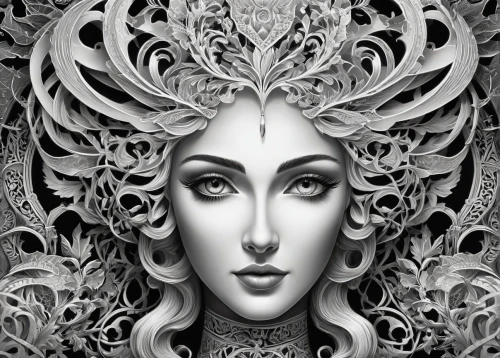 art deco woman,biomechanical,dryad,fractals art,hecate,vespertine,intricacy,priestess,intricately,decorative figure,guanyin,viveros,headdress,headress,art deco ornament,melusine,diwata,intricacies,lateralus,laurel wreath,Illustration,Retro,Retro 13