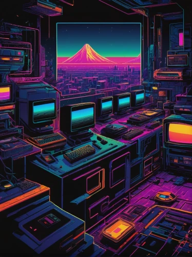 cyberscene,80's design,mainframes,retro background,cyberpunk,synth,computer room,computervision,terminals,atari,cyberspace,cyberworld,computer art,cybertown,cybercity,retro,arcade,retro styled,aesthetic,computer graphic,Illustration,Black and White,Black and White 17