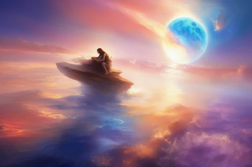 fantasy picture,astral traveler,adrift,blue planet,dreamscape,dreamscapes,world digital painting,space art,the endless sea,sailing blue purple,voyage,horizons,fantasy landscape,fantasy art,aivazovsky,dream art,ocean background,celestial,seadrift,universe,Illustration,Realistic Fantasy,Realistic Fantasy 01