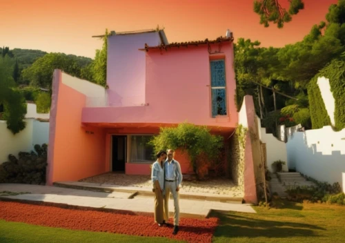 dreamhouse,sorrentino,man in pink,mahdavi,riviera,lachapelle,cube house,villa,house painting,hockney,pink squares,dunes house,cubic house,almodovar,pink grass,maeght,casita,corbusier,mid century house,villas,Photography,General,Realistic