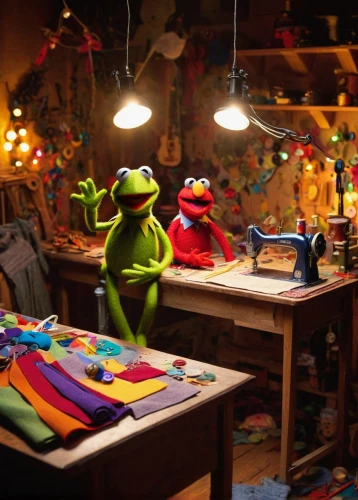 the muppets,muppets,kermit,claymation,puppeteers,toymakers,frogs,embroiderers,frog background,painters,watercolor shops,colorists,plasticine,quiltmaker,quiltmaking,artists,pepes,puppet theatre,kawaii frogs,craftspeople,Illustration,Abstract Fantasy,Abstract Fantasy 20