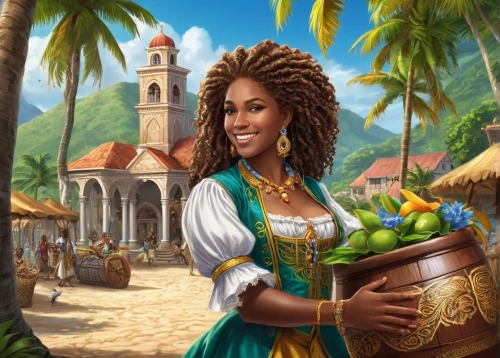 esmeralda,tiana,nzinga,polynesian girl,proprietress,innkeeper,elmina,teairra,mystara,thyatira,hispaniolan,zarina,moana,african american woman,persia,angra,asherah,desylva,caribbean,azilah,Conceptual Art,Fantasy,Fantasy 27