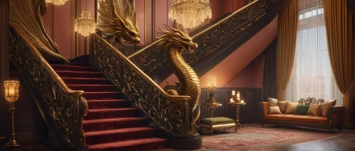 staircase,ornate room,winding staircase,victorian room,outside staircase,royal interior,four poster,circular staircase,staircases,entrance hall,newel,banister,interior decor,victorian,ornate,claridge,spiral staircase,hallway,upstairs,stairway,Illustration,American Style,American Style 08