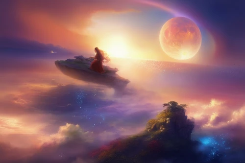 fantasy landscape,dreamscape,dreamscapes,fantasy picture,lunar landscape,world digital painting,moon and star background,dream world,dreamland,dreamtime,sea of clouds,dreamlands,moon and star,moonlit night,fantasy art,moonrise,mushroom landscape,wonderlands,landscape background,floating island,Illustration,Realistic Fantasy,Realistic Fantasy 01